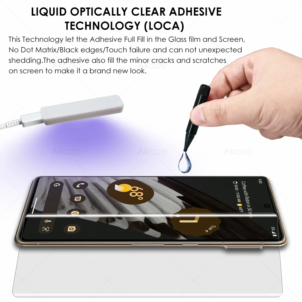 Akcoo Pixel 7 Pro Screen Protector UV Liquid full screen adhesive for Google 7 Pro 5G Tempered Glass film fingerprint unlock