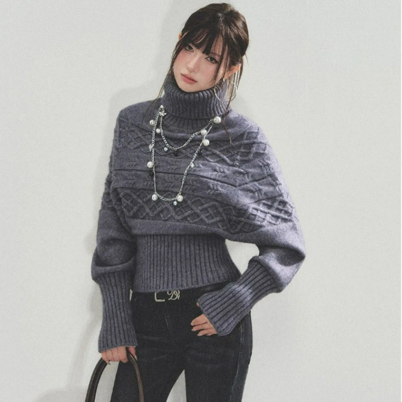 Fashion Bat-sleeve Pullover Sweater 2026 Autumn/Winter Ladylike High-neck Cinched Waist Top Laid-back Slimming Knitted Sweater