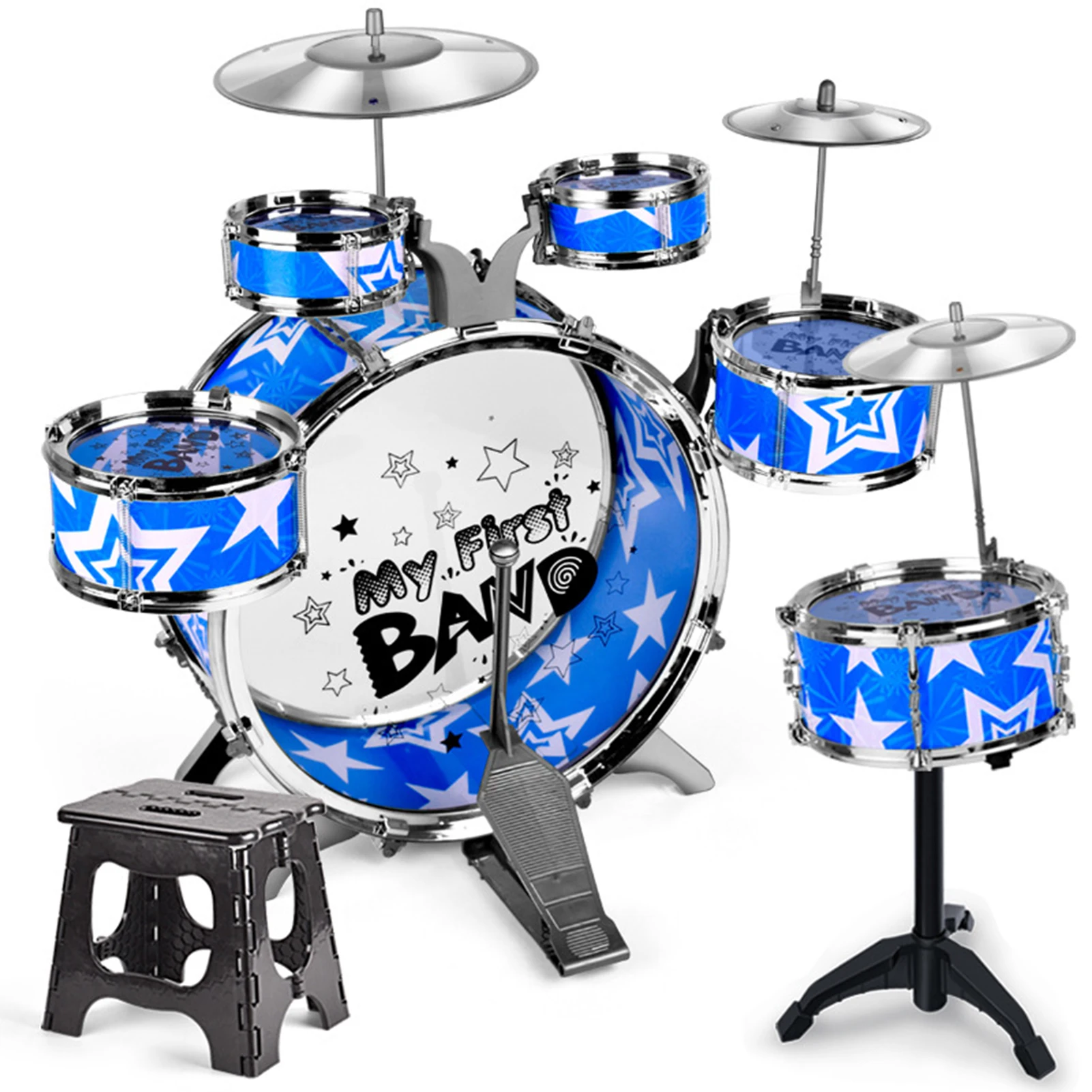 6-Piece Kids Drum Set Drum Kit Jazz Drum Set with Folding Step Stool Cymbal Pedal Drumsticks Percussion Musical Instrument