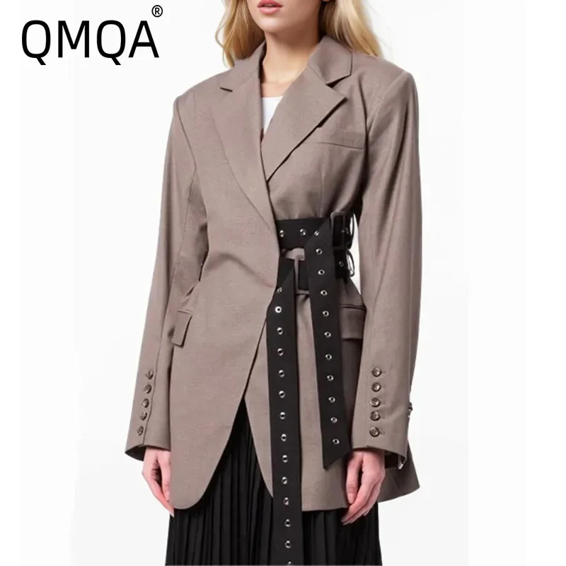 

QMQA модный женский однотонный блейзер с поясом с зубчатым воротником и длинными рукавами в стиле пэчворк на пуговицах, элегантные куртки 2021, женские новые QM402