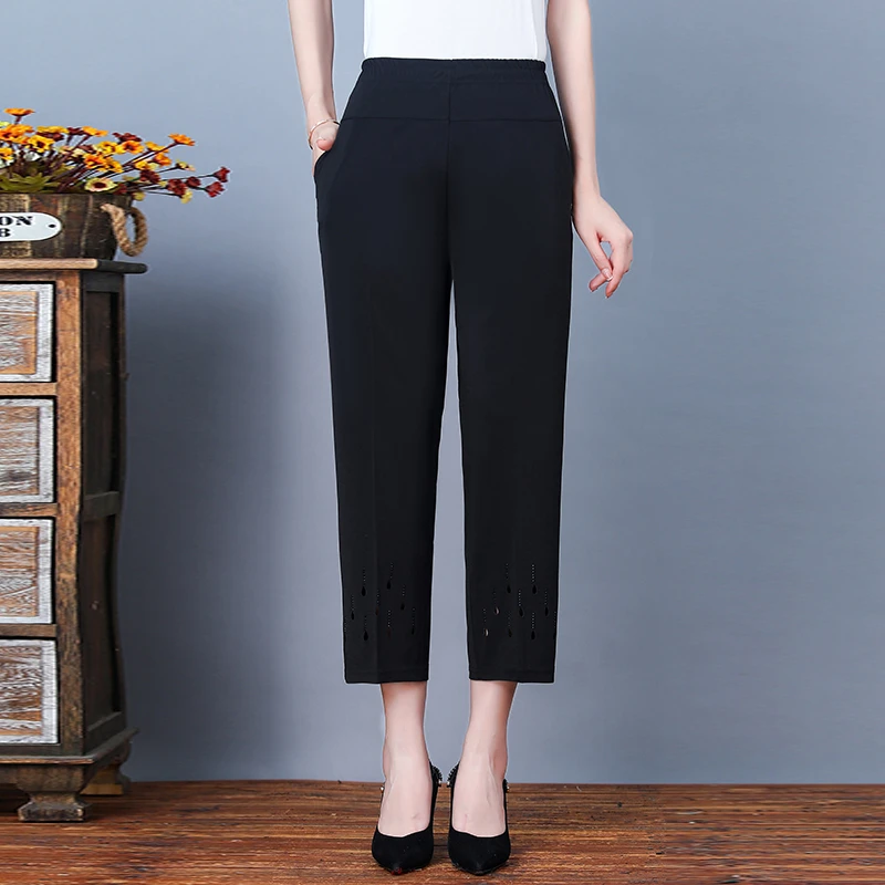 Nuevos pantalones de verano para mujer, pantalones informales elásticos de cintura alta, pantalones para mamá de mediana edad, Pantalones rectos de seda helada de talla grande para mujer 8XL