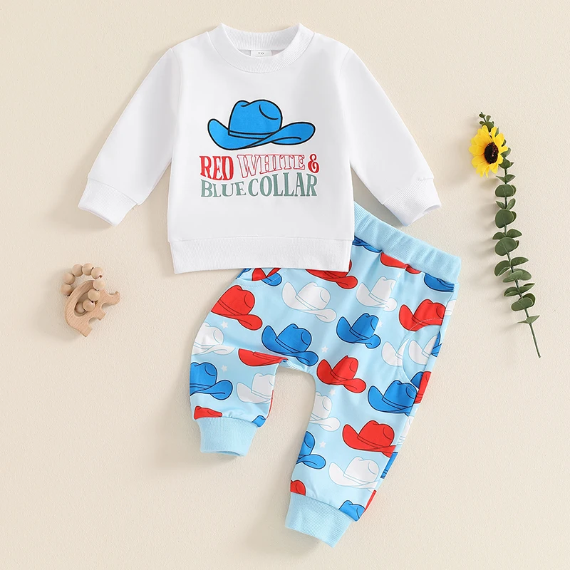 Boys Autumn 2PCS Outfit Sets Long Sleeve Letter Cowgirl Hat Print Sweatshirt Pants Sets