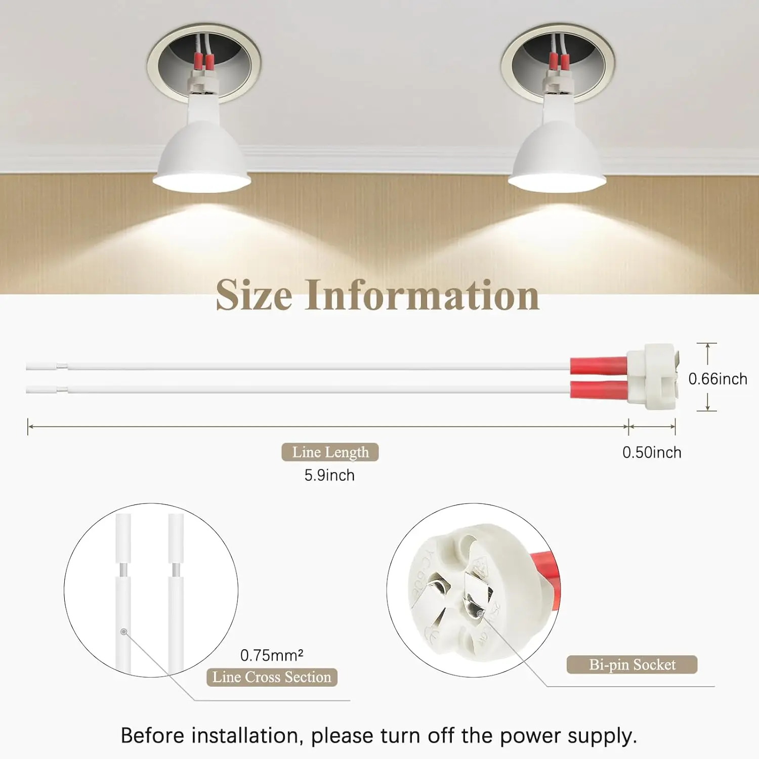 G4, GU5.3 Bi-Pin Ceramic Base Socket, MR16, MR11 Halogen Incandescent LED Bulb Holder Wire Connector (6pcs)