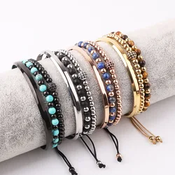 New Design Stainless Steel Bangle Gemstone Tiger Eye Turquoise Beaded Bracelet Set Women Men