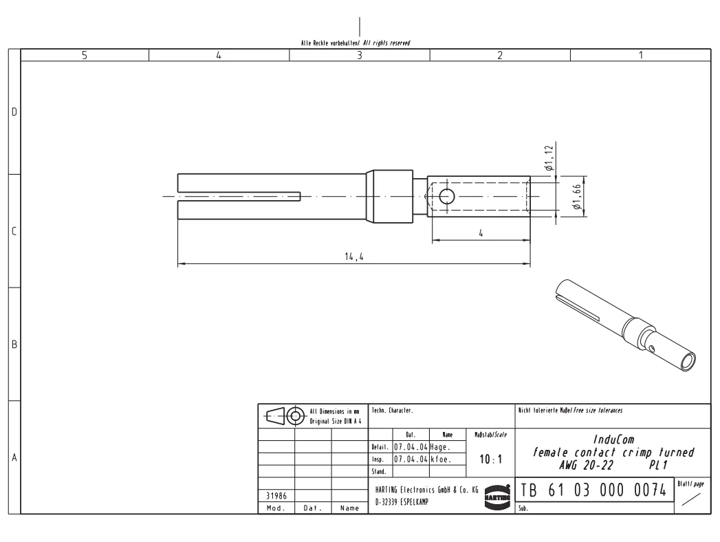 1PCS  HARTTING    61030000074 D-Sub FEMALE CRIMP CNTS 22-20 AWG TU