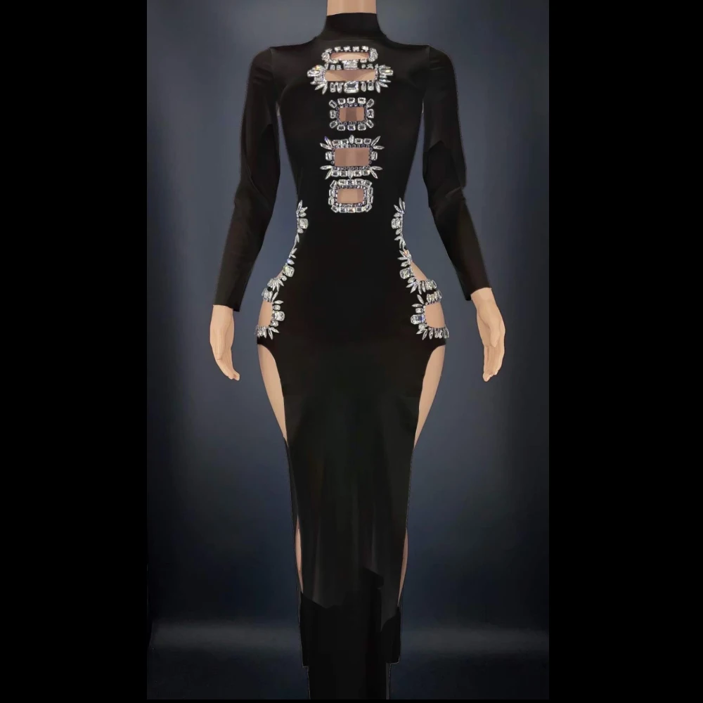 

Split Women Dress Multicolored Shining Rhinestones Hollow Out Sexy Evening Party 2026 Festival Rave Drag Queen Outfits