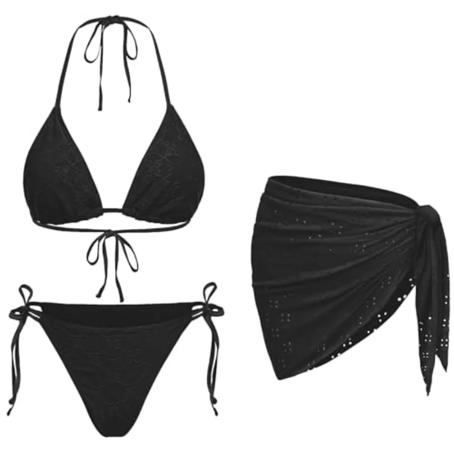 

Women 3 Pcs Swimsuits - Sexy Triangle Bikini Sets with Cover Up Halter String Tie Side Bathing Suits