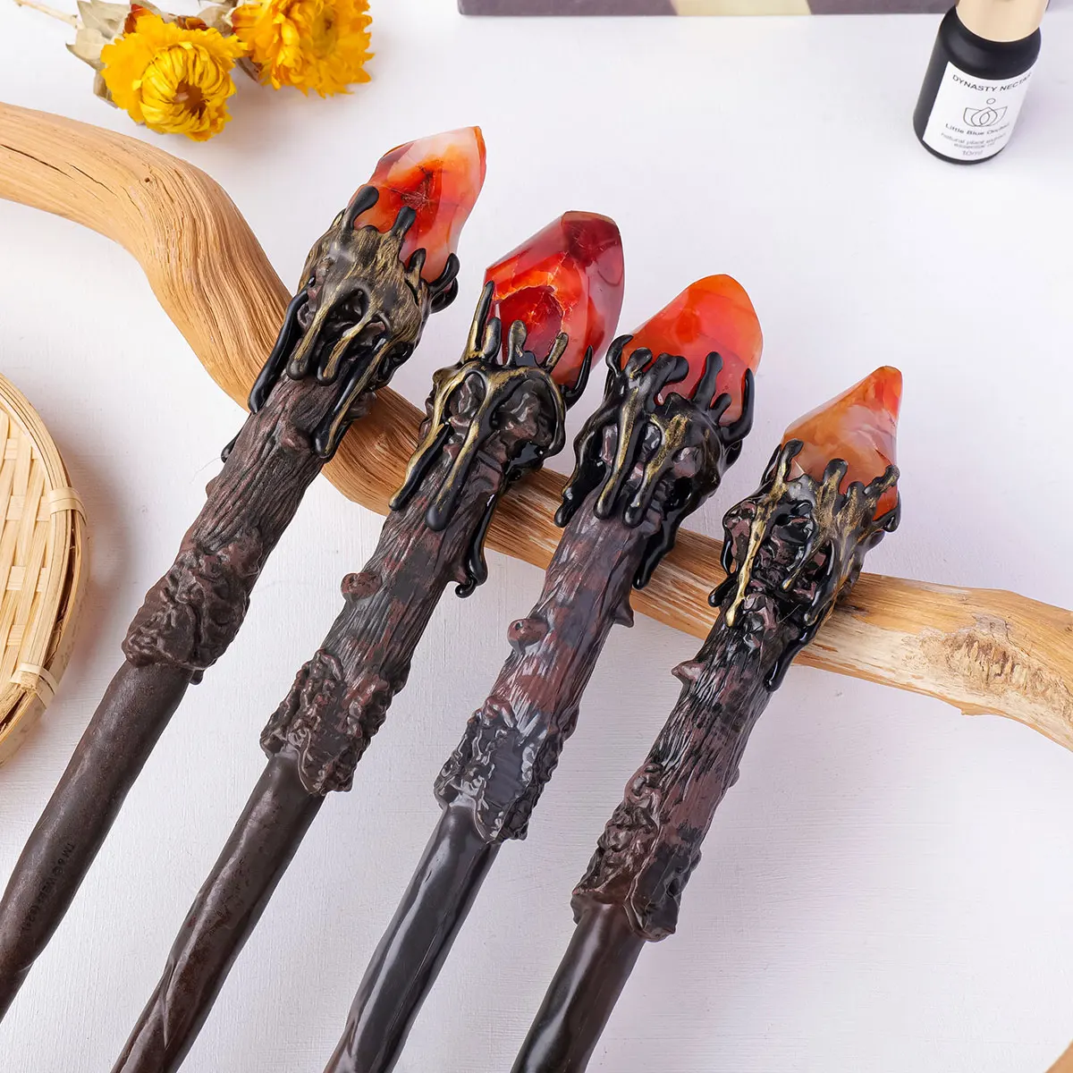 1PC Natural Crystal carnelian Torch Scepter Witch Magic Stick Fairy Wand Prop Wood Stick Household Supplies