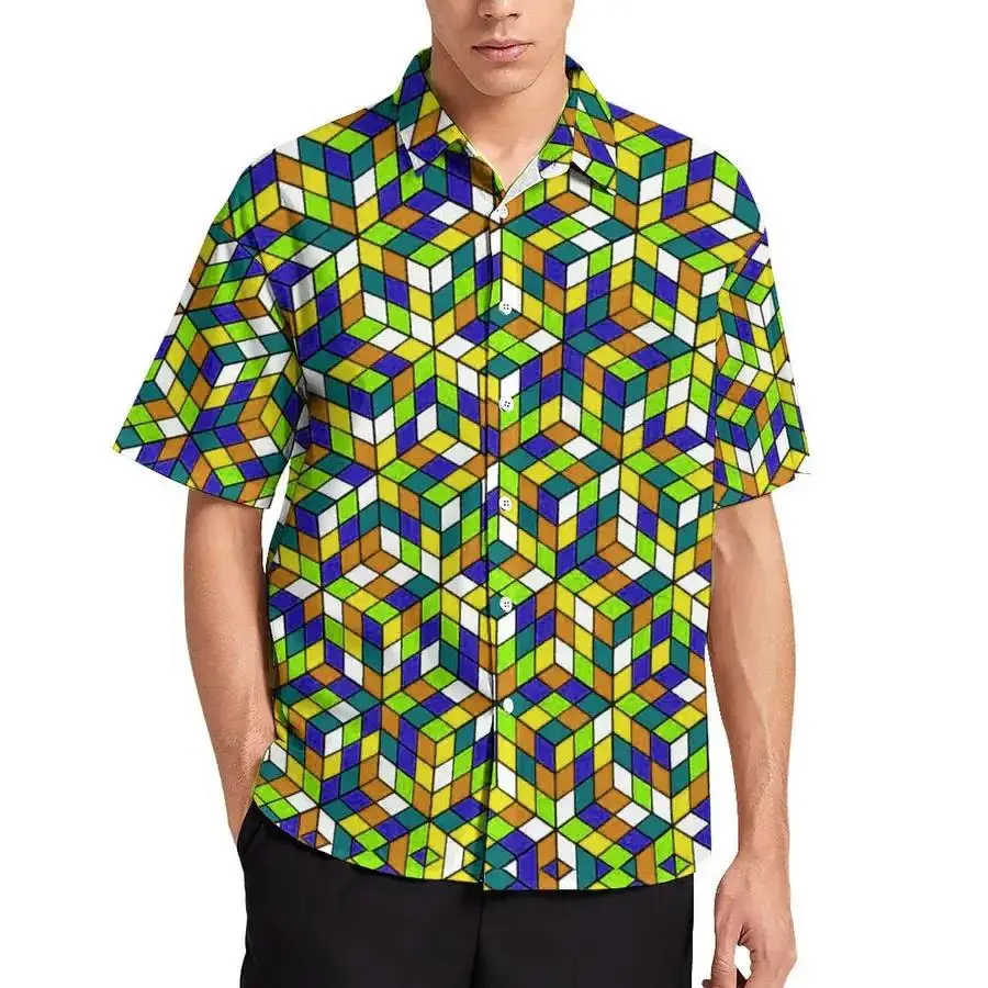 

Men's Summer New 3D Printed Colorful Mosaic Pattern Hawaiian Shirt Casual Printed Floral Short Sleeve Hawaiian Tropical Tops