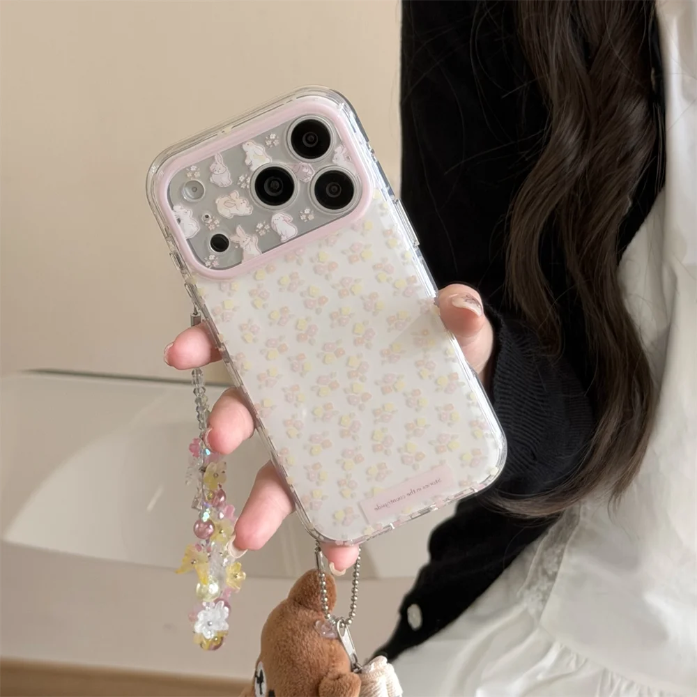 

Ins Flower Cute Rabbit with Chain Phone Case for iPhone 17 Pro 16 15 16 Pro Max Funda Korean Shockproof Cover For Apple 15 Pro