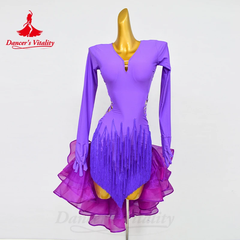 Latin Dance Jurk Voor Vrouwen Spandex Lange Mouwen Rumba Chacha Praktijk Kleding Rok Cuatomsized Volwassen Kinderen Latin Jurken