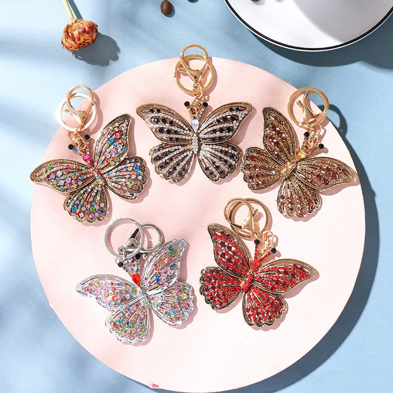 Butterfly Rhinestone Keychain Insect Keyring Alloy Metal Crystal Animal Key Chain Handbag Purse Holder Fashion Jewelry Accessory