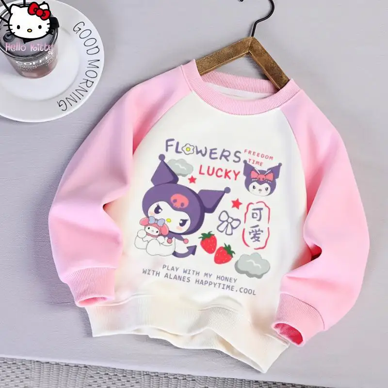 

Kuromi Sanrio Girls Kawaii Round Neck Long Sleeved Thick Hoodie Anime Cartoon Autumn Winter New Children's Fashion Warm Shirt