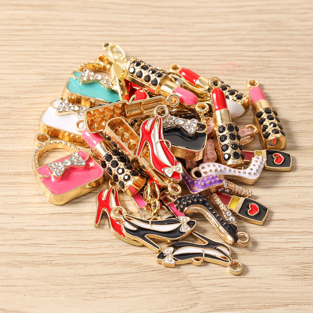 Tusember 10 Stück Niedliche Kristall-Lippenstift-, Handtaschen-, Schuh- und High-Heel-Anhänger für Halsketten, Ohrringe, Armbänder und Bastelarbeiten – Detail 2