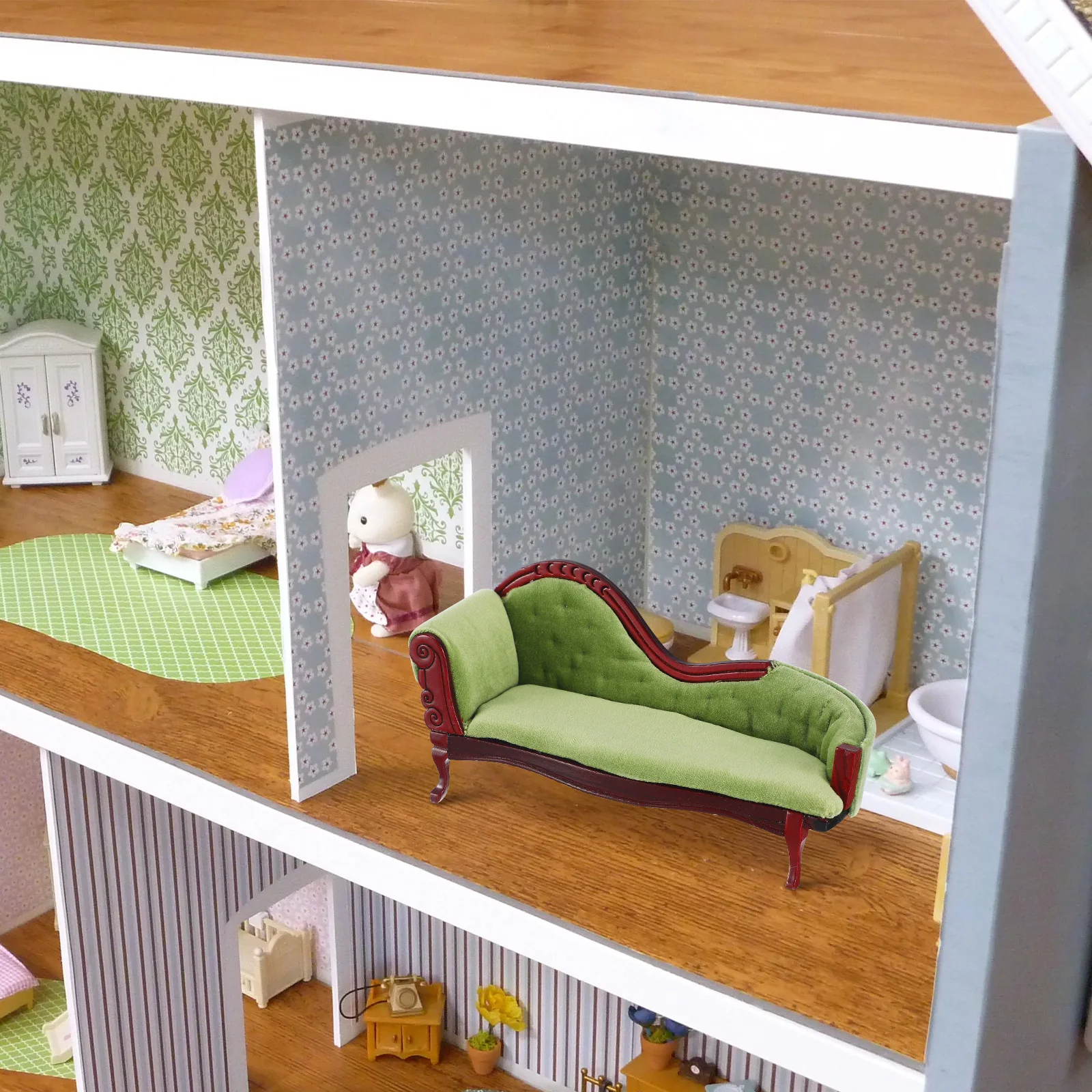 Casa de bebé, Mini sofá Chaise, adornos, muebles de muñecas, juguete, sofá en miniatura de abedul para Decoración