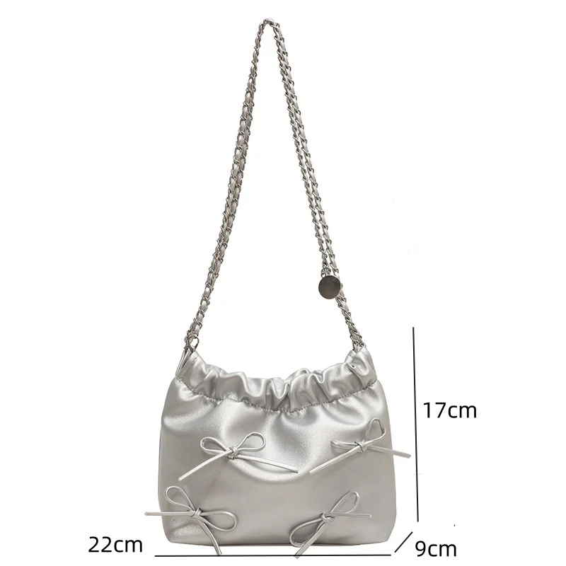 Women New Fashion Shoulder Bags Fold Design Chain Bag Silver Korean Style Trend Bow Lady High Quality Crossbody Bags Bucke Bags