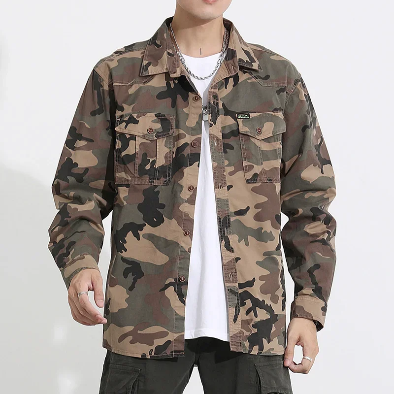 

Men's Camouflage Work Shirts Cotton Relaxed Fit Long Sleeves Tactical Shirts Multi Pockets Outdoor Button Down Military Tops