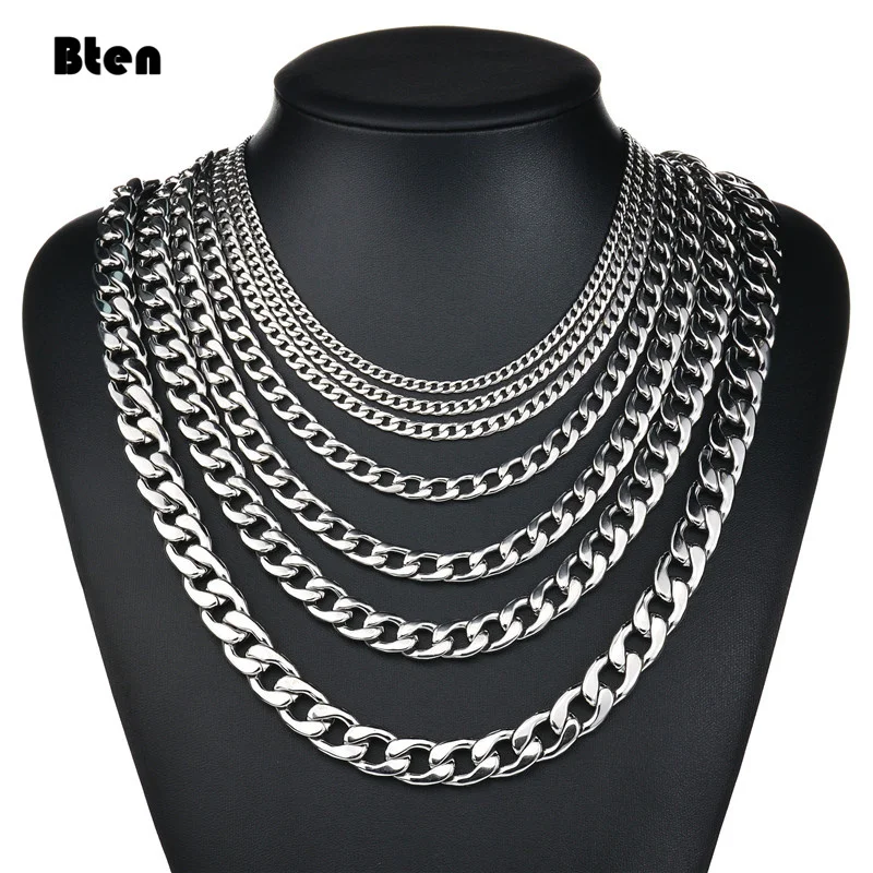 BTEN 1 piece Width 3mm/5mm/7mmCurb Cuban Link Chain Necklace for Men Women Basic Punk Stainless Steel Chain Chokers