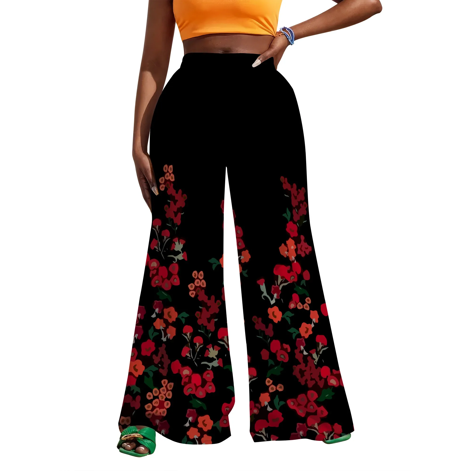 Colorful Patchwork Print Wide Leg Pants High Waist Bohemian Festival Streetwear Trousers