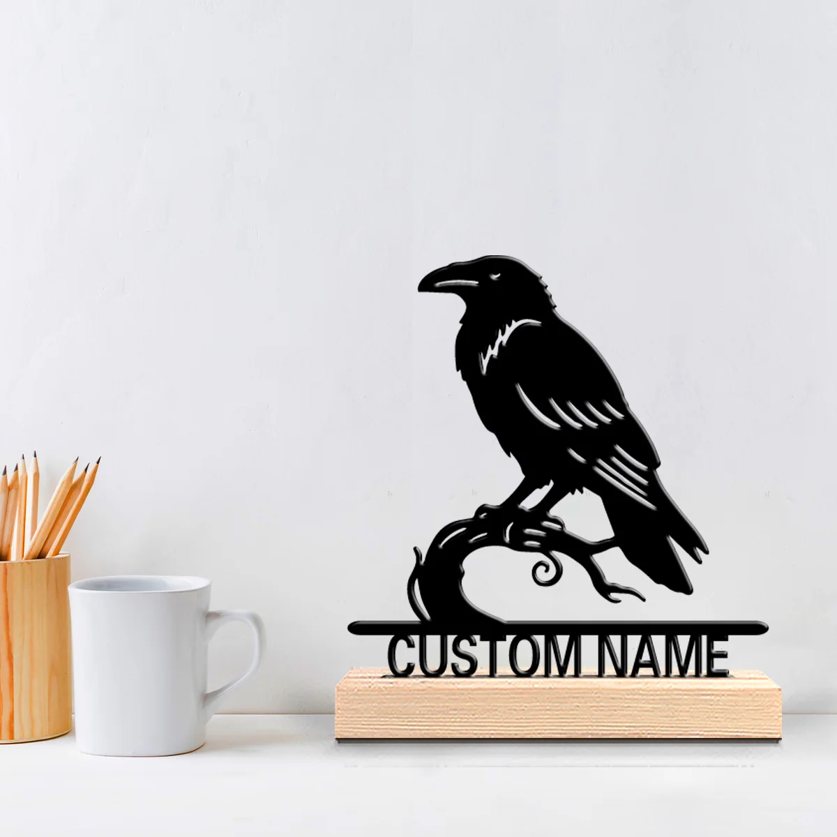 1pc Fashion Personalized Custom crow Metal Statues With Wooden Base Tabletop Perfect for Bird-themed decor，Gift for bird lovers