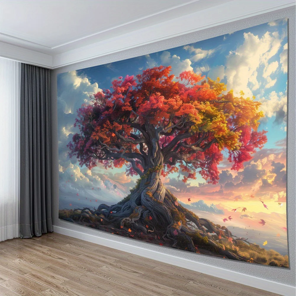 Majestic Tree Mural Curtain Polyester Drapes for Living Room Decor Boho Nature Art Artwork Window Shade Scenic Sunset Landscape