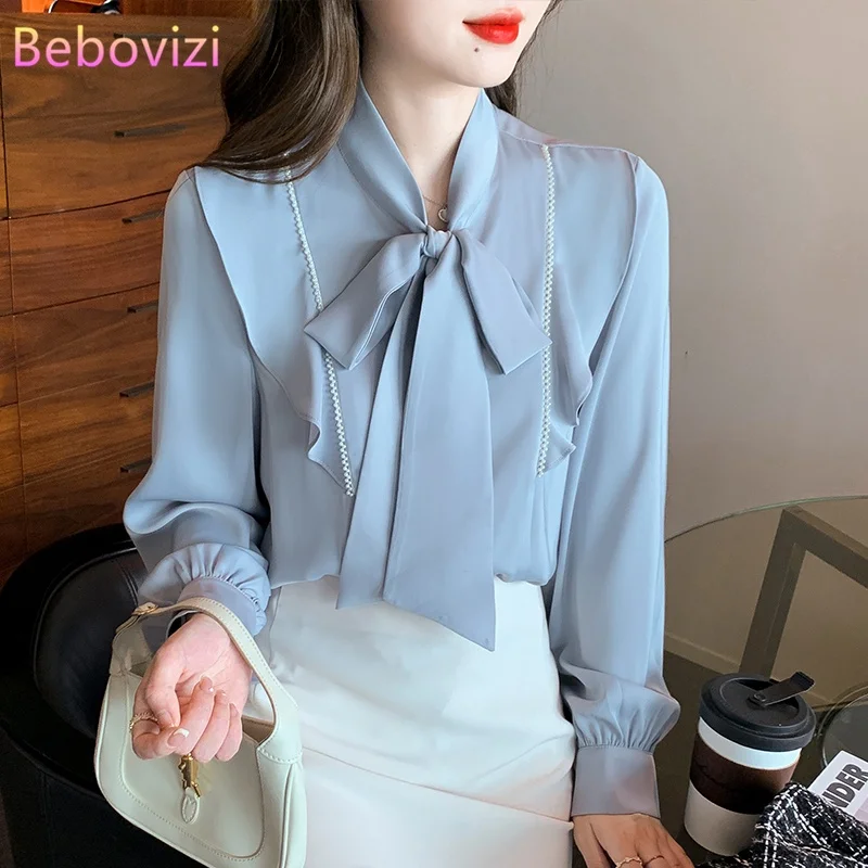 

New Fashion Korean Office Lady Blue Blouse White Casual Shirt Long Sleeve Women's Tosp Back To The Basics Blusa Mujer