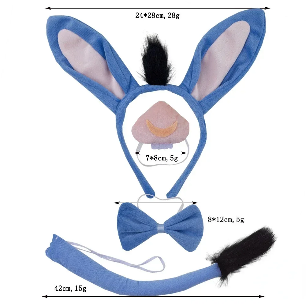 Donkey Costume Accessory Set Ears Headband Tail Nose and BowTie Animal Props Halloween Christmas Cosplay Wedding Festival