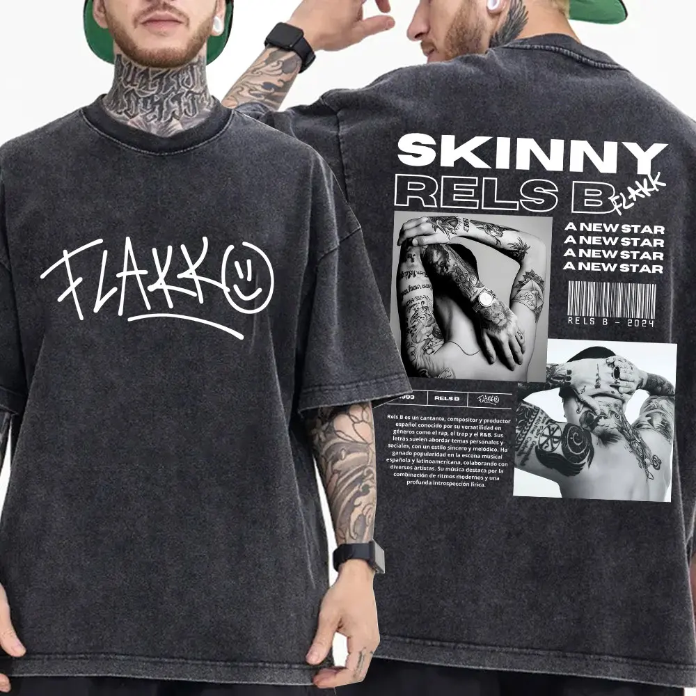 مغني الراب RELS B نحيل Flakk ألبوم خمر غسلها تي شيرت الرجال النساء الملابس موضة الهيب هوب تي شيرت القطن المتضخم تي شيرت