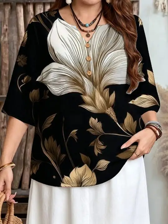 Women Large Retro Floral All‑Over Print Blouse For Curvy Figures Notched Neck 3/4 Sleeve Loose Casual Ladies Tops