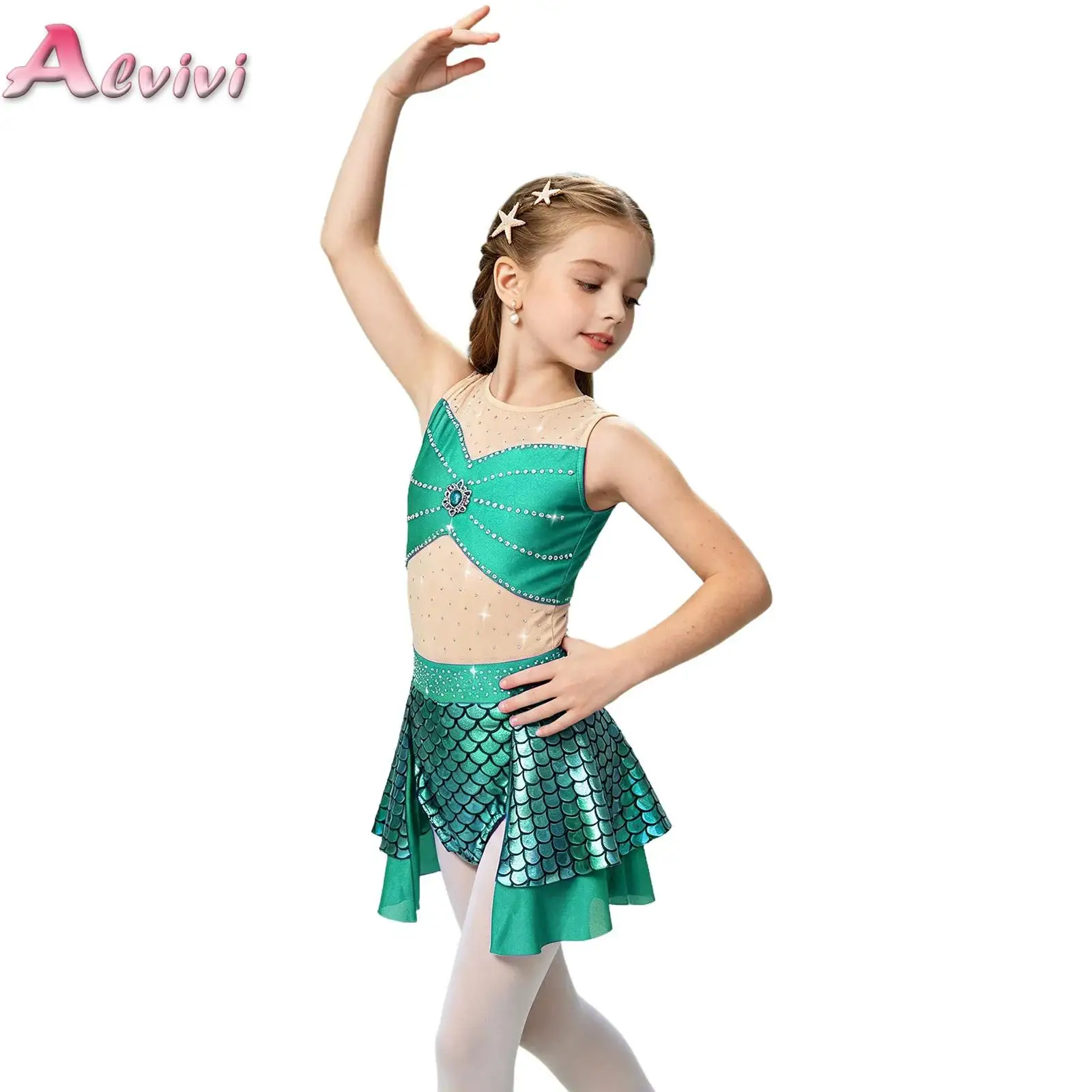 Kids Girls Mermaid Princess Dress-up Costume Sleeveless Rhinestone Metallic Fish Scale Ballet Dance Dress with Built-in Briefs