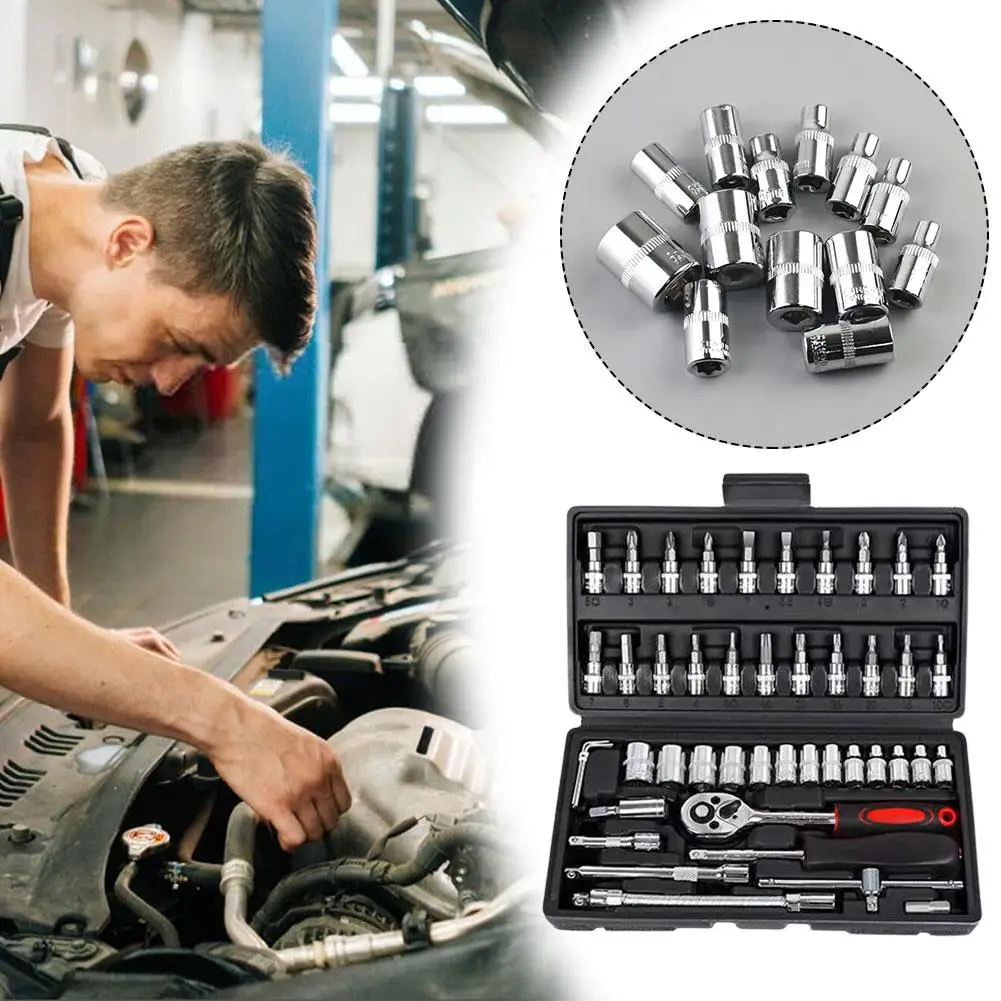 

46pcs Car Repair Tool Kit 1/4-inch Socket Set Car Repair Set Repairing Wrench Torque Ratchet Combo Mechanic Auto Tool Tool G3j1