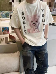 Vintage Summer Pink Rock bear Cartoon Distressed Cotton Casual T-Shirt Tops