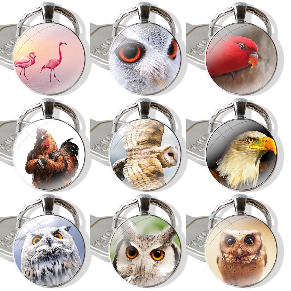 Beautiful Flamingo Eagle Owl Bird 25mm Glass Cabohcon Keychain Key Rings for Women Men Jewelry Gift