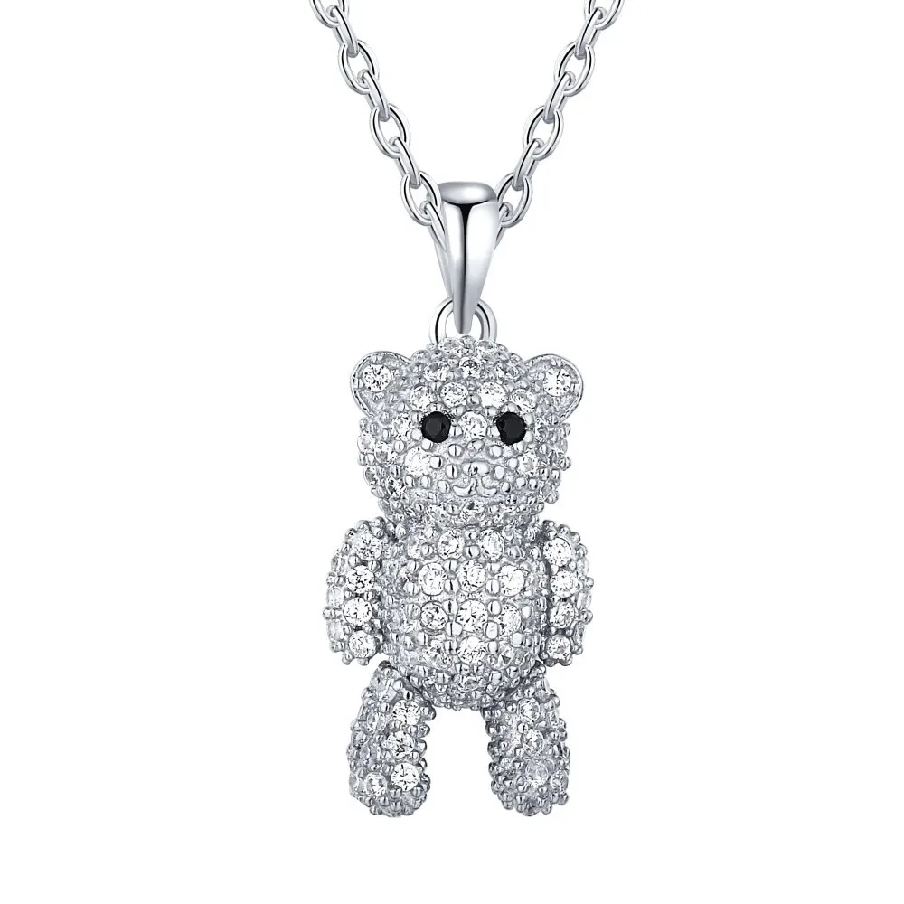 New 925 Sterling Silver Necklace Women's Light Luxury Hip Hop Style Full Diamond Cute and Cute Little Bear Pendant