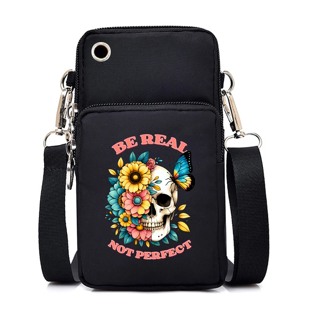 Skull Skeleton Mobile Phone Bag Women Sunflower Butterfly Messenger Bag Hanging Neck Zipper Handbag Fashion Mini Crossbody Bag