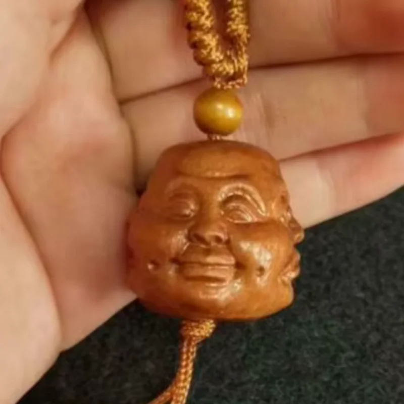 Immagine 6: Portachiavi in legno cinese con quattro facce di Buddha (gioia, rabbia, tristezza, gioia), ornamento pendente retrò portafortuna