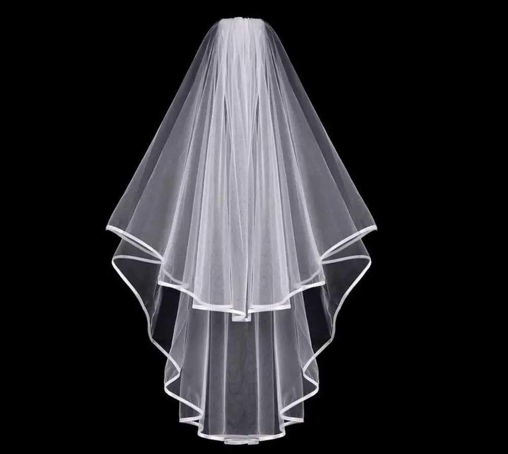 Double Layer Ribbon Bridal Wedding Veil With Comb and Double Ribbon Edge