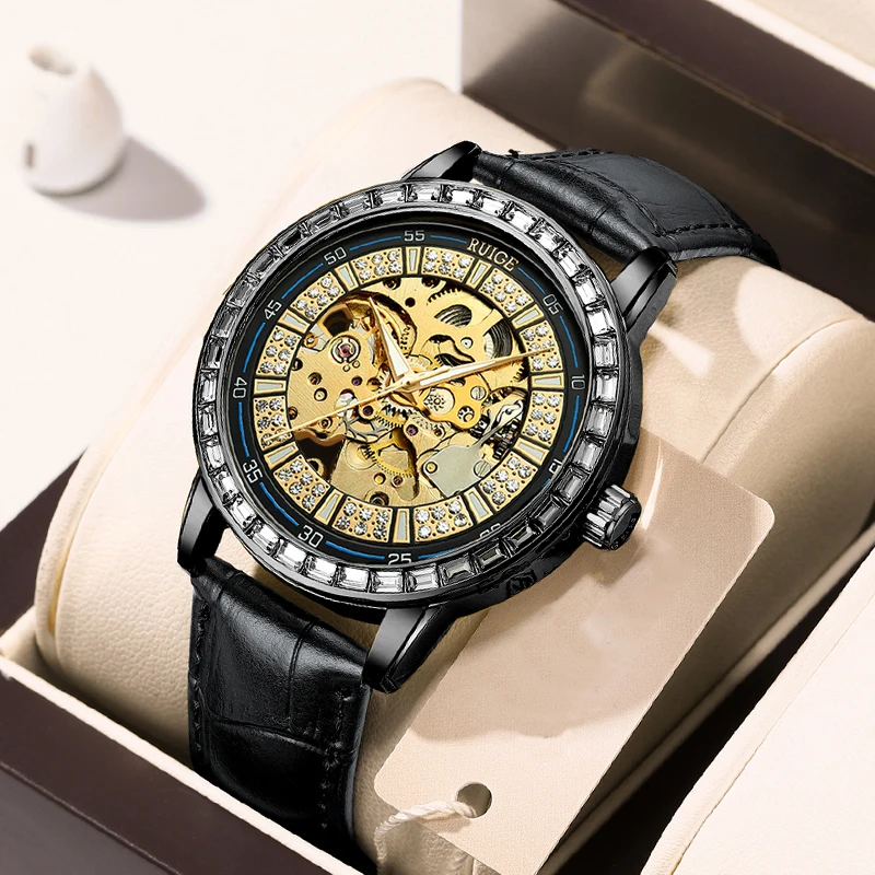 Ruige Luxe Heren Volautomatisch Mechanisch Horloge Rvs Diamant Ingelegd Holle Nacht Glow Waterdicht Trendy Horloge