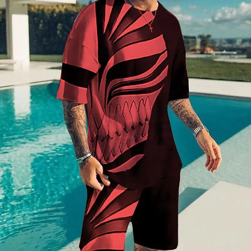2025 3D Printed Fashionable Outdoor Leisure Sports T-shirt Shorts Summer Men's Two-piece Loose Round Neck Elastic Waist Set