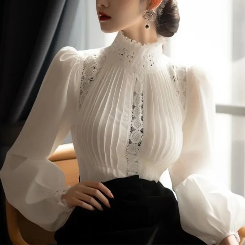 Women's Solid Color Stand Collar Blouses Spring 2025New Fashion Commute Ruched Patchwork Lace Hollow Out Long Sleeve Shirt Tops