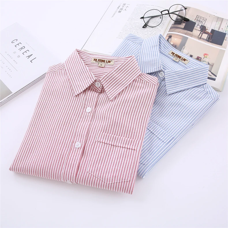 Blusas e tops de manga comprida listrada feminina, camisa casual simples, branca, azul, rosa, roupas femininas, moda de escritório, novo, primavera, 2022