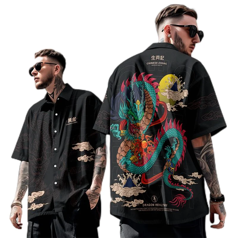 Ethnic Chinese Dragon Year 3D Print Blouses Funny Design Gifts Short Sleeve China Loong Graphic Lapel Blouse Boy Shirts Y2k Tops
