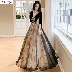 It's Yiiya Customized Evening Dress O-Neck Appliques Bling Half Sleeves A-Line Pleat Floor-Length Woman Formal Party Gowns A951