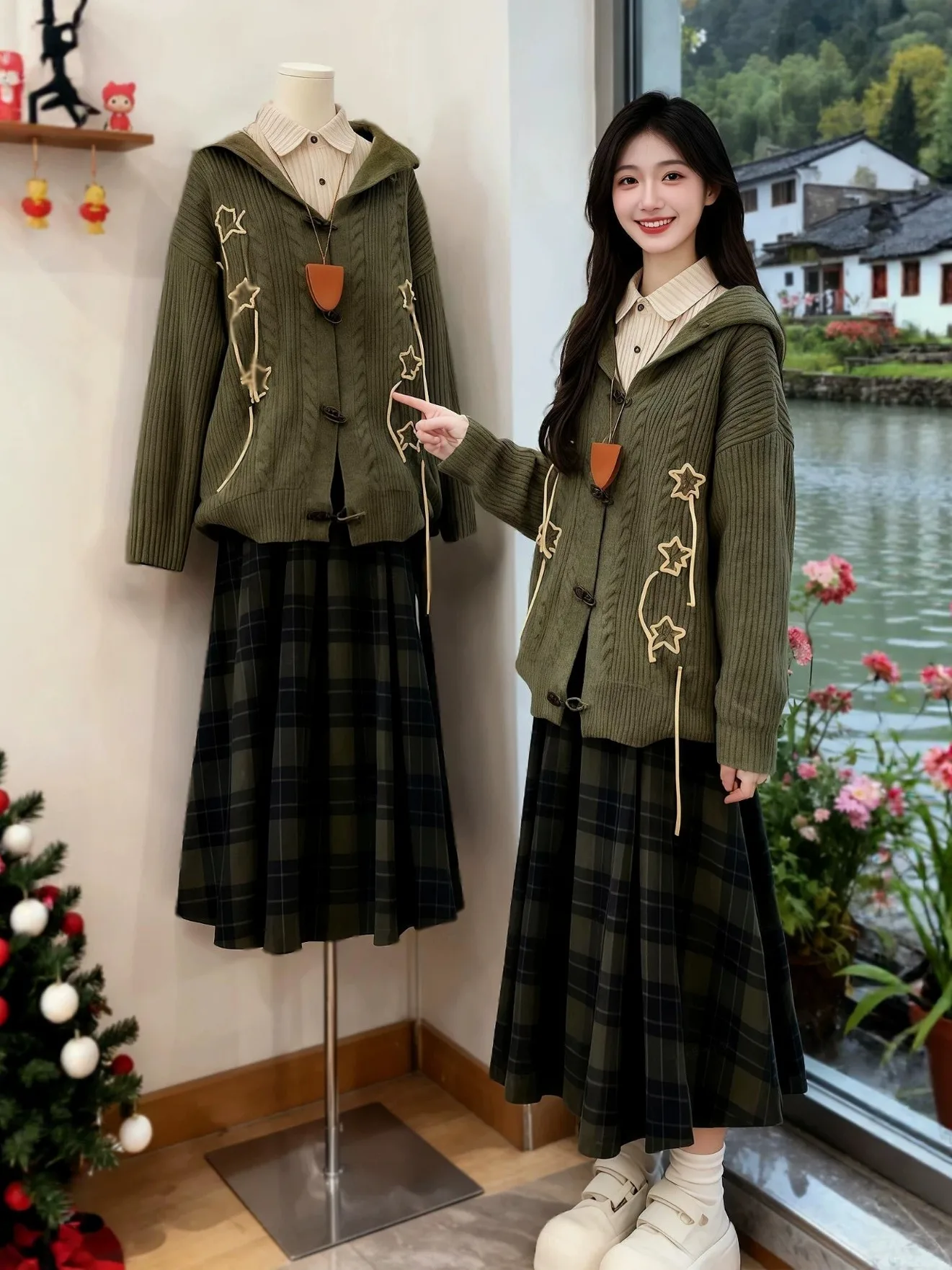 

plus Size Women's Autumn Winter Faion Set Vintage Loose Feel Sweater Jaet irt f Skirt Tee Piece Ensemble Casual Wear