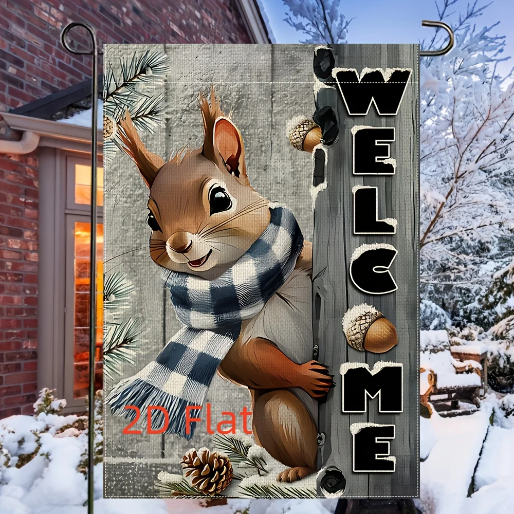 2D Flat, 2D Door Flag, 1 Piece, Country Nut Squirrel Welcome Garden Flag, 12.0x18.0 Inches, Double Sided Polyester Yard Decor, Festive Winter Christmas Outdoor Banner, No Flagpole Required, Home & Garden Festive Decor, 2D Flat, 2D Flat