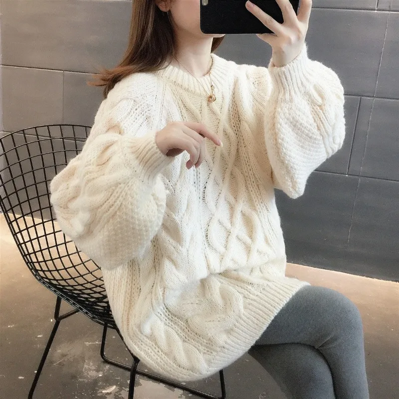 Suéteres de punto para mujer, jersey térmico liso y cálido, moda coreana en promoción, jersey holgado de estilo perezoso para otoño