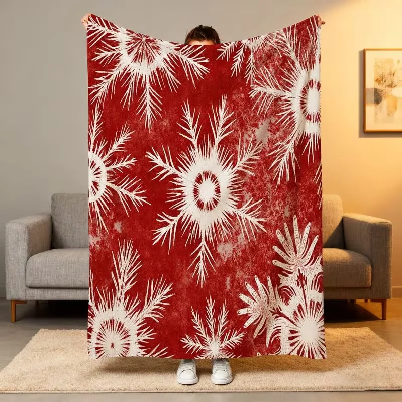 Vintage Red Snowflake Pine Branch Print Christmas Throw Blanket Cozy Blanket for Bedroom Sofa Xmas Holiday Home Decoration