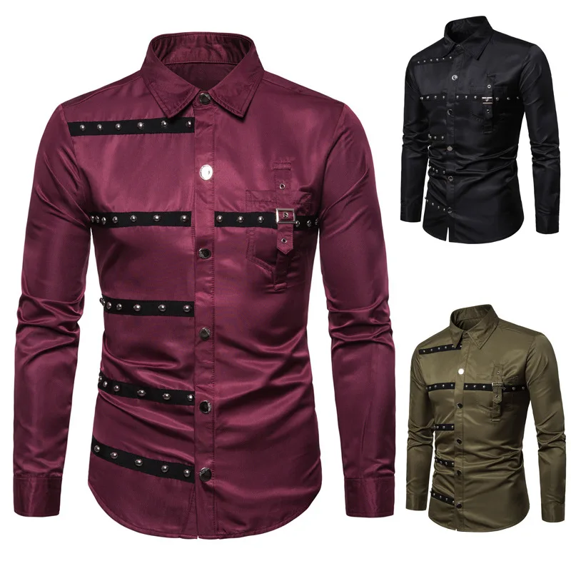 

2024 Spring and Autumn New Men's Gothic style Riveted Long sleeved Shirt Fashion Men's Performance Dress Shirt clothing