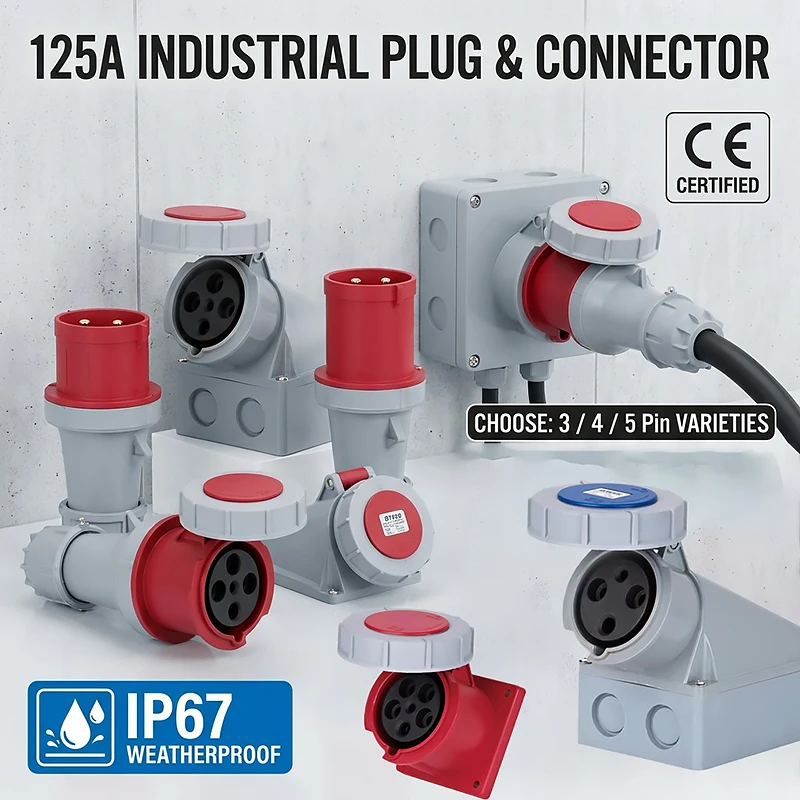 125A IP67 Industrial Plug Socket Set 3P 4P 5P - Pure Copper Contacts Heavy Duty Shell 220V 380V 415V CEE Standard Connector
