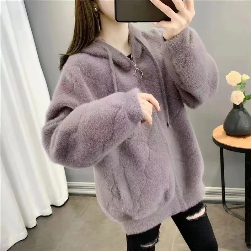 Autumn Winter Fashion LooseThickened Hooded Imitation mink Velvet Jacket 2024 New Women Knitted Cardigan Female Tops Outerwear